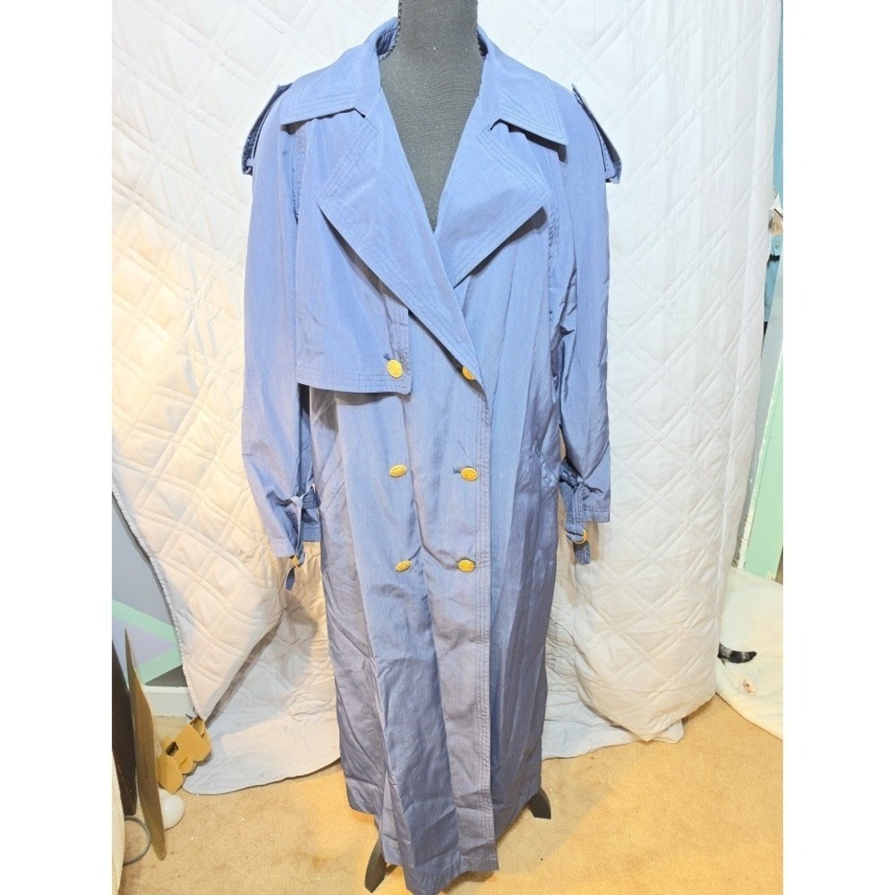 Vintage‎ Blue Double Breasted Maxi Trench Coat Button Duster Epaulets XL READ